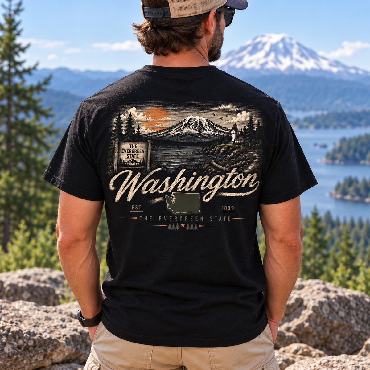A man stands outdoors on a rocky overlook with a mountain lake landscape in the background, wearing a black graphic T-shirt shown from the back. The shirt features a scenic Washington state print with the word "Washington" in large script and smaller text reading "The Evergreen State" and "Est.