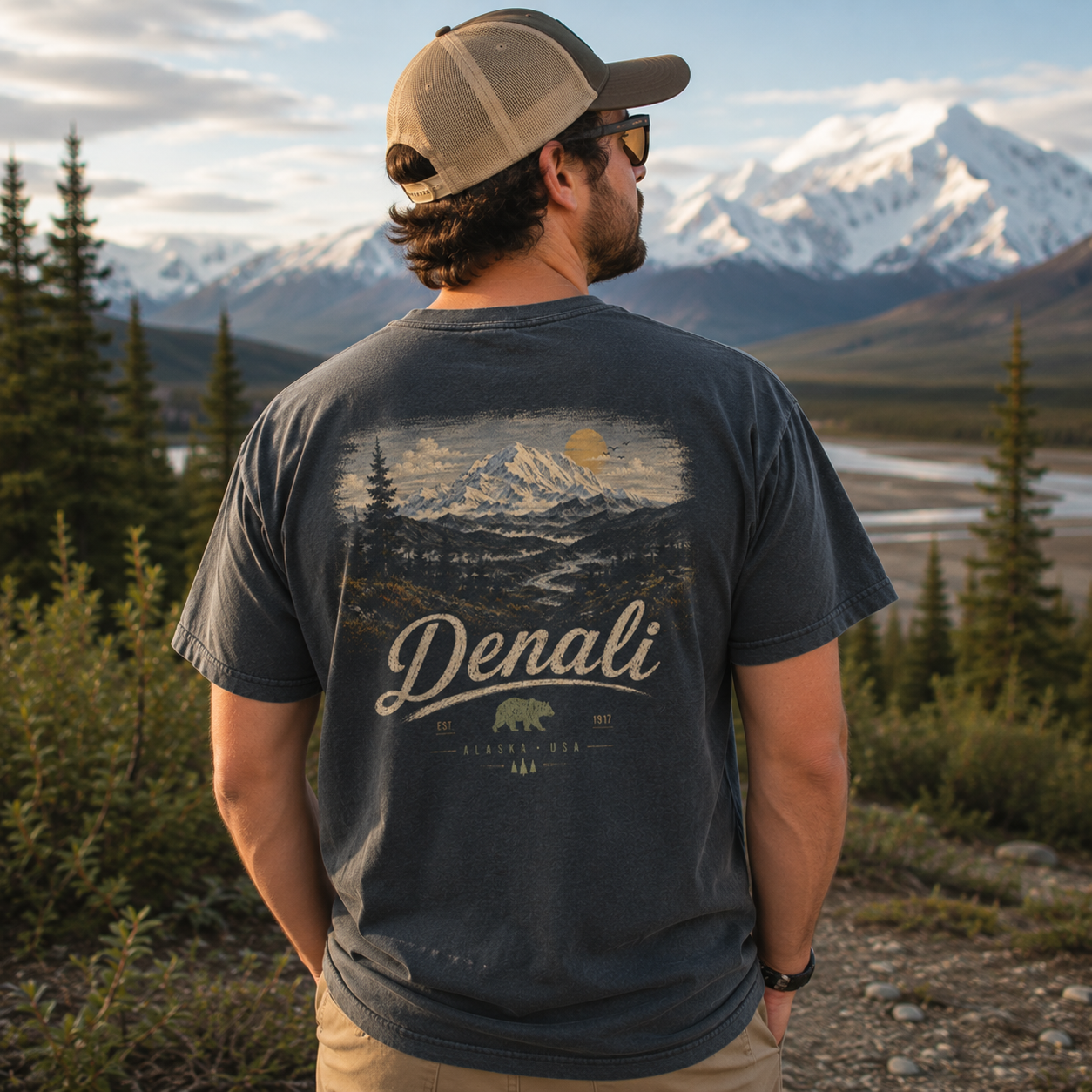 A man wearing a dark gray t-shirt with a scenic mountain and river landscape graphic on the back, standing outdoors with snowy mountains and pine trees in the background.