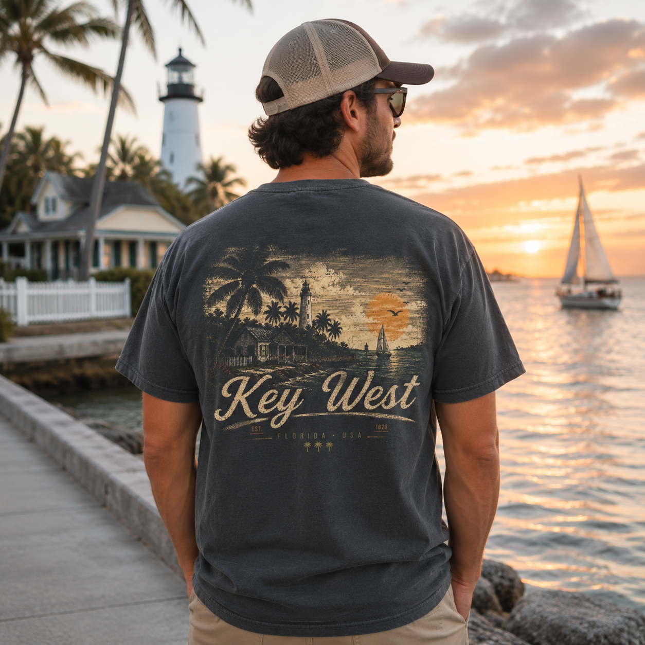 A man wearing a dark charcoal gray t-shirt with a vintage-style Key West graphic print on the back, standing on a waterfront at sunset with a lighthouse and sailboats in the background.