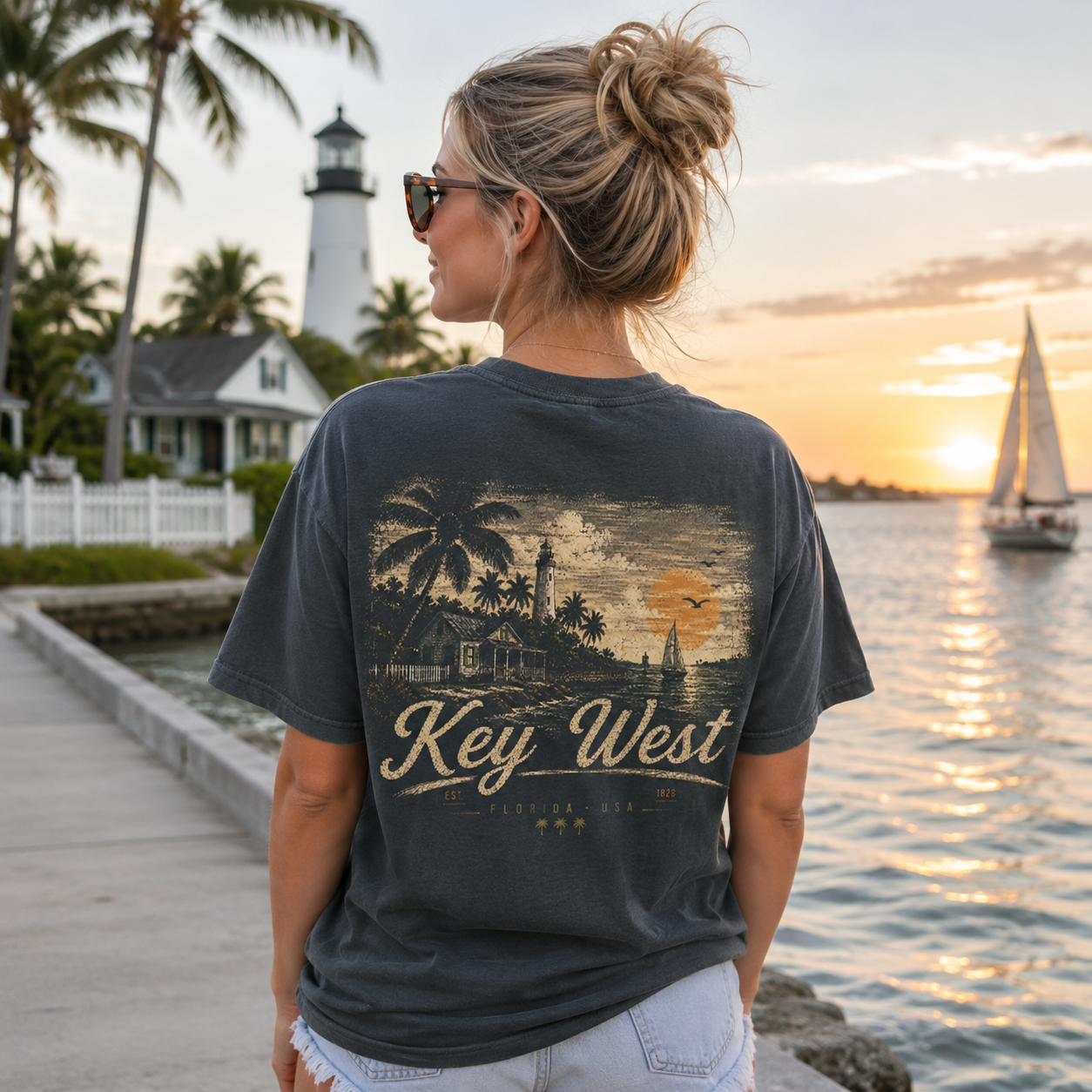 A woman stands on a waterfront at sunset wearing a faded charcoal gray graphic T-shirt with a vintage-style Key West print and light-wash jeans. The scene includes palm trees, a lighthouse, sailboats, and warm golden light reflecting on the water.