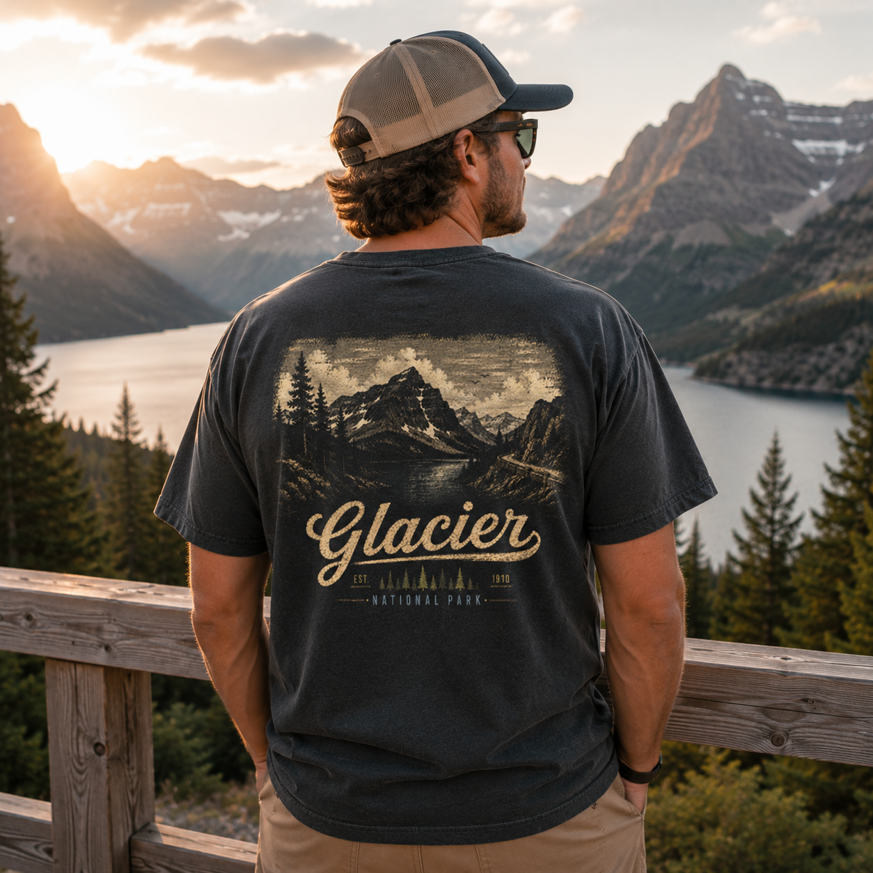 A man wearing a dark charcoal gray t-shirt with a scenic mountain lake graphic and the word 'Glacier' on the back, standing on a wooden railing with a mountain landscape at sunset in the background.
