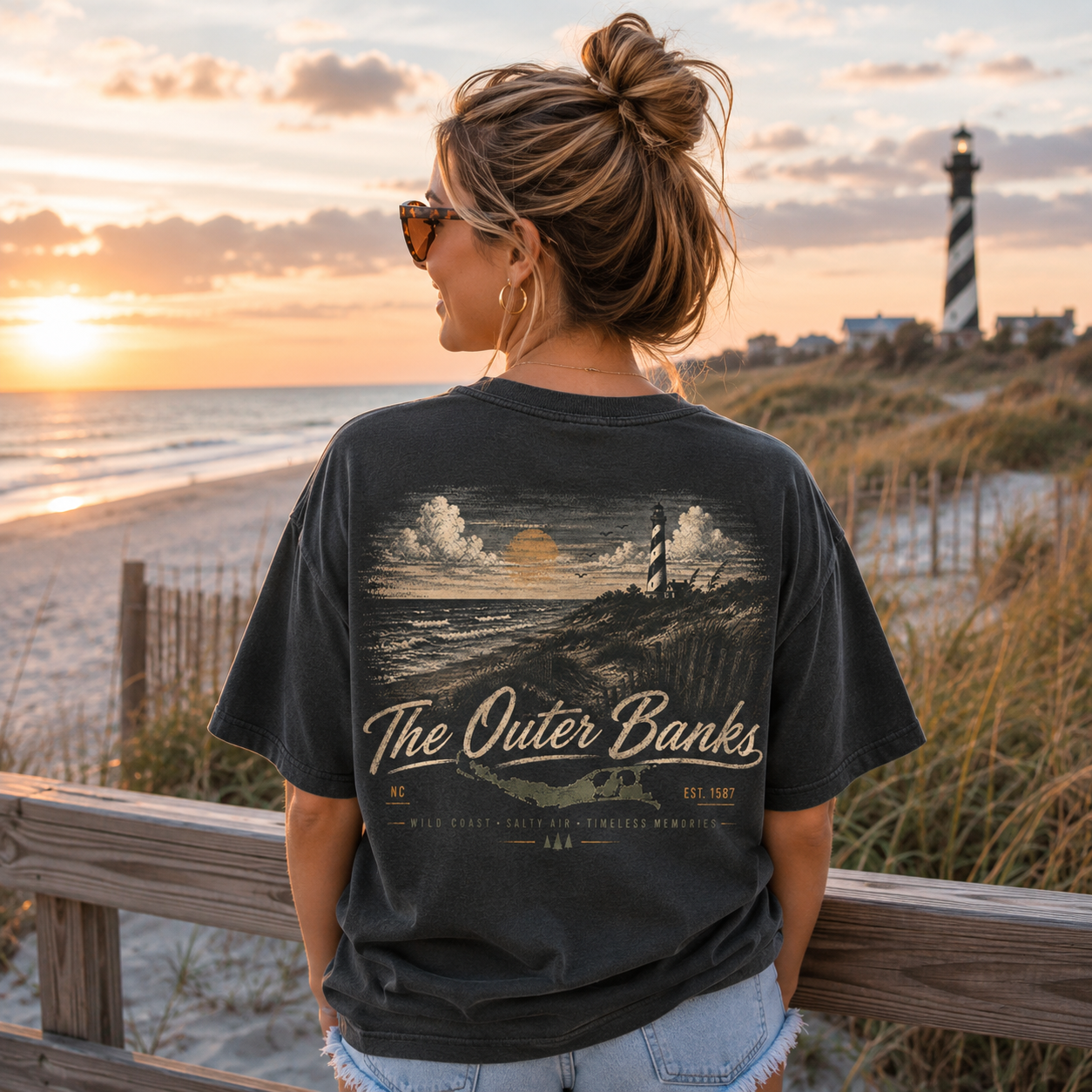 A woman stands on a wooden boardwalk at the beach wearing a faded black graphic t-shirt with a lighthouse and sunset print on the back. The text 'The Outer Banks' is printed across the lower back.