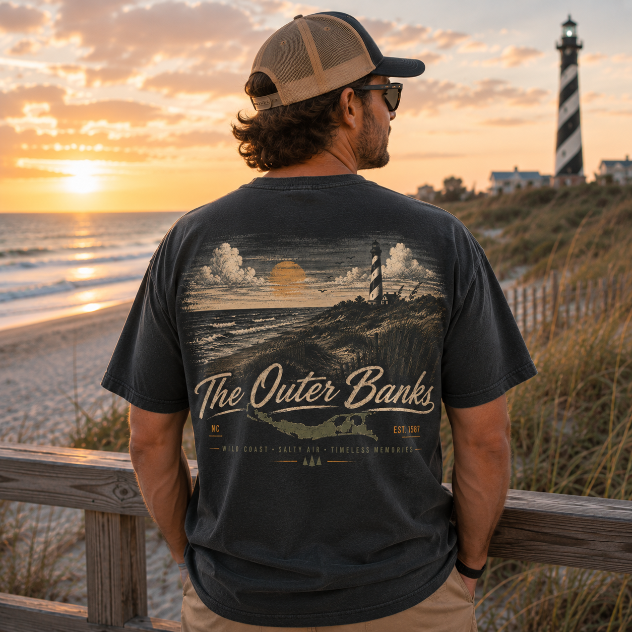 A man stands on a beach at sunset wearing a dark charcoal t-shirt with a large graphic print of a lighthouse and the text 'The Outer Banks'. The background shows the ocean, beach grass, and a lighthouse under a warm orange sunset sky.