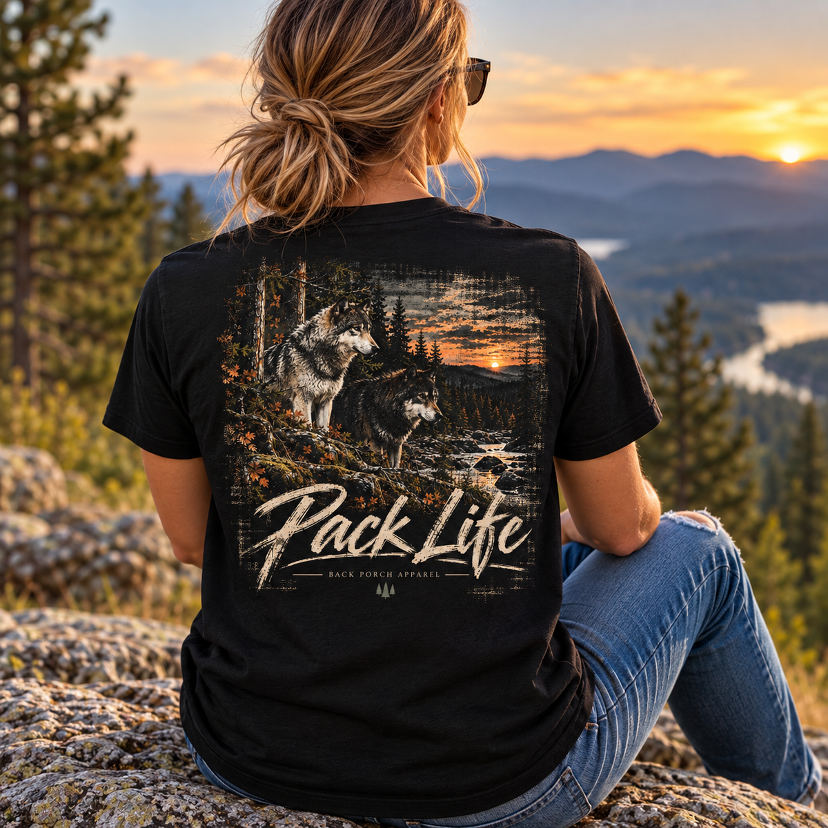 A woman sits on a rocky mountain overlook at sunset wearing a black graphic T-shirt. The back of the shirt features a large printed design with two wolves in a forest and the words "Pack Life" in large white script.