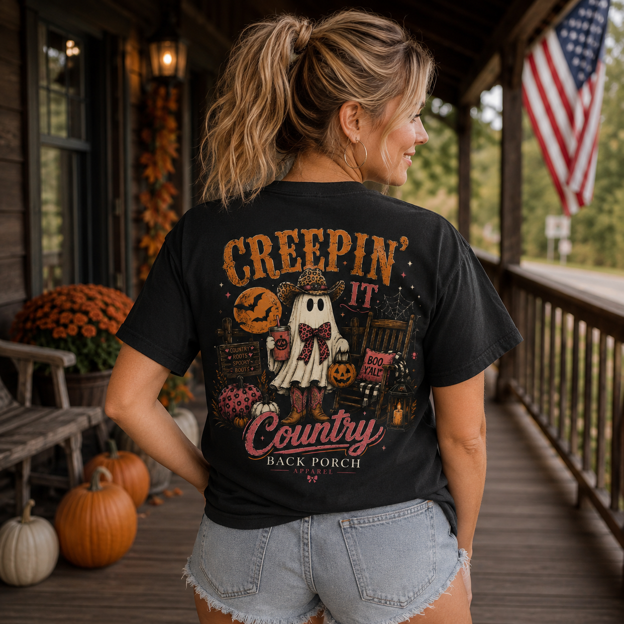 Women wearing a Creepin It Country Back Porch Apparel Shirt