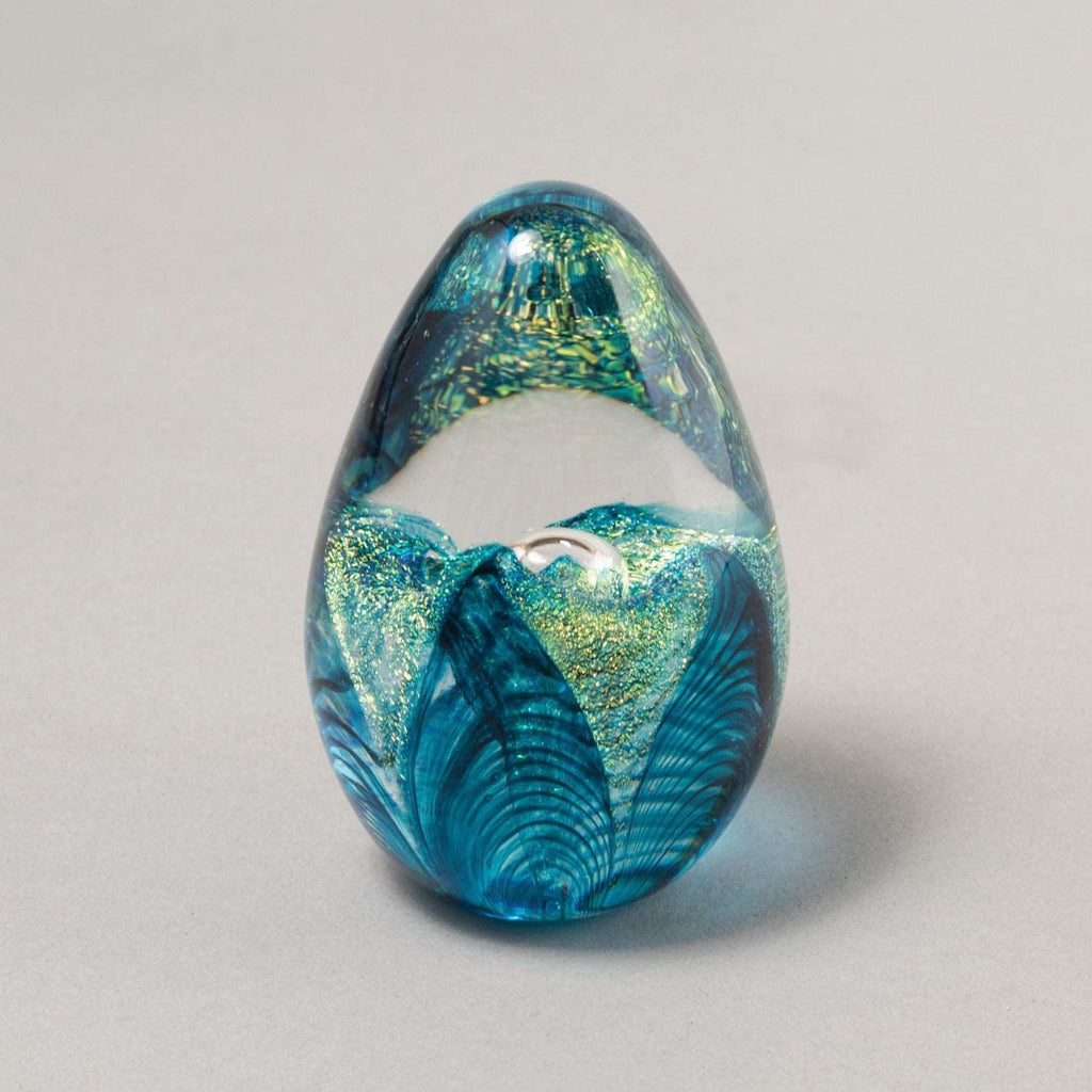 Aqua Passion Flower Dichroic Egg Blown Glass Paperweight
