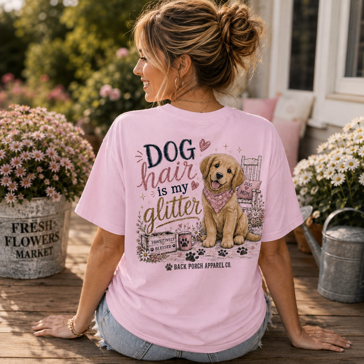 Woman wearing a Dog Hair is my Glitter Back Porch Apparel shirt