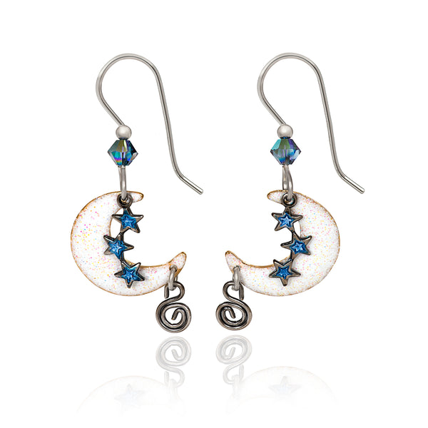 Silver Forest White Moon and Stars USA Hand Crafted Hypoallergenic Earrings