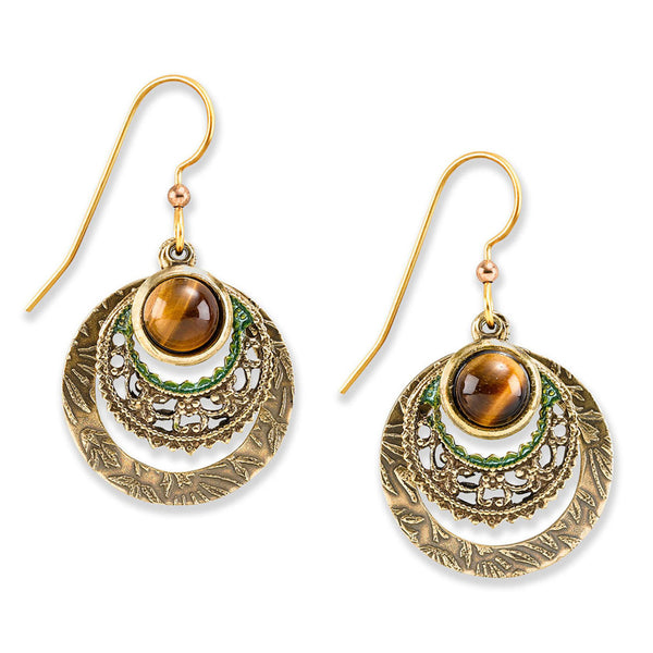 Silver Forest Gold Circle with Tiger's Eye USA Hand Crafted Hypoallergenic Earrings