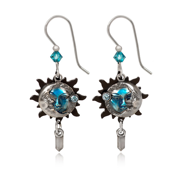 Silver Forest Blue Eclipse with Crystals USA Hand Crafted Hypoallergenic Earrings