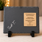 Back of the 5" × 7" natural slate artwork showing Scott Turnmeyer's signature and a laser-engraved authenticity plaque identifying the Front Royal, Virginia photograph and Turnmeyers craftsmanship.