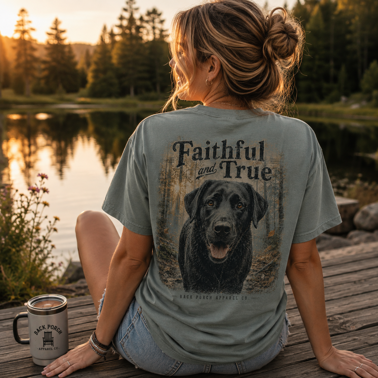 Woman wearing a Faithful and True Black Lab Back Porch Apparel Comfort Colors Shirt