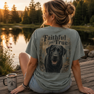 Woman wearing a Faithful and True Black Lab Back Porch Apparel Comfort Colors Shirt