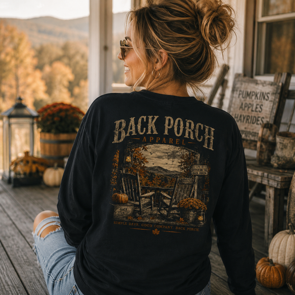 Back Porch Fall Comfort Colors Long Sleeve T-Shirt – Black