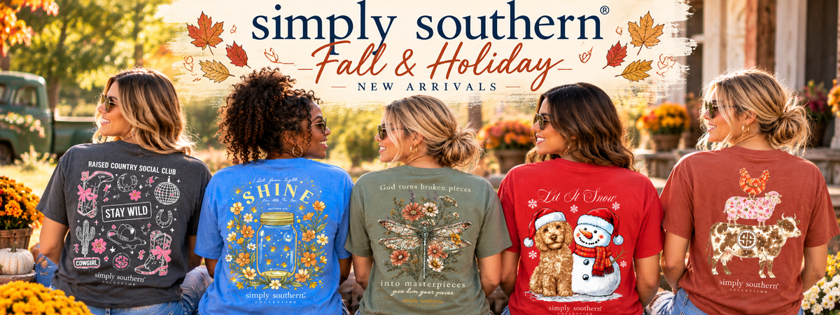 Simply Southern Fall & Holiday New Arrivals featuring diverse women modeling colorful graphic tees with country, floral, and faith-inspired designs, surrounded by autumn pumpkins, flowers, and a Shop Now button.