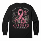 A black long-sleeve t-shirt shown from the back, featuring a large pink and white graphic design with a ribbon, flowers, butterflies, and the text 'FAITH HOPE STRENGTH Stronger them you Think FIGHT for a cure' and 'BACK PORCH APPAREL'.