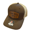 Front Royal Virginia leather patch Richardson 112 trucker hat with brown front panels, tan mesh back, and engraved leather patch on a transparent background.