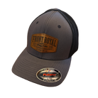 Front Royal Virginia charcoal Flexfit trucker hat with black mesh back and engraved genuine leather patch on a transparent background.