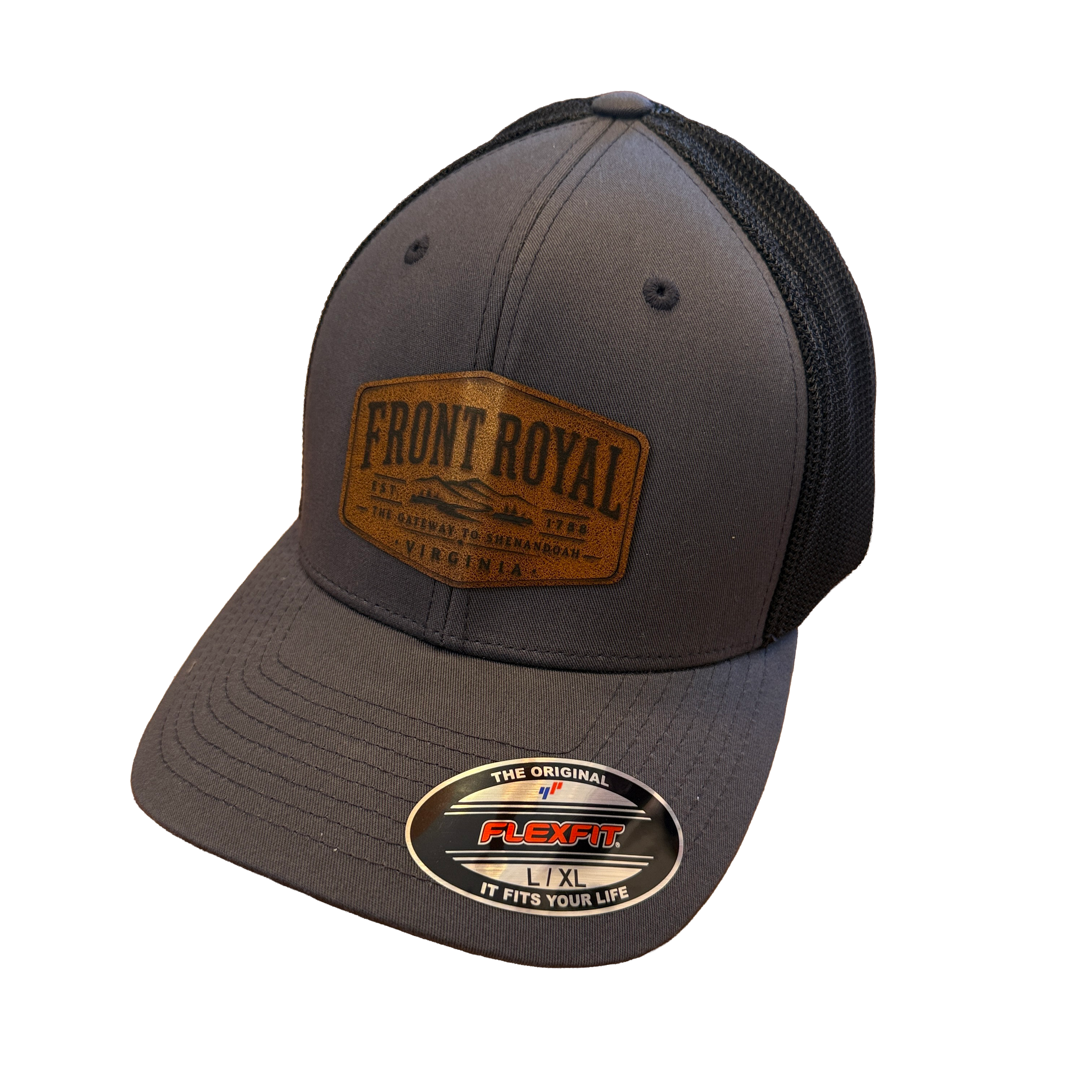 Front Royal Virginia charcoal Flexfit trucker hat with black mesh back and engraved genuine leather patch on a transparent background.