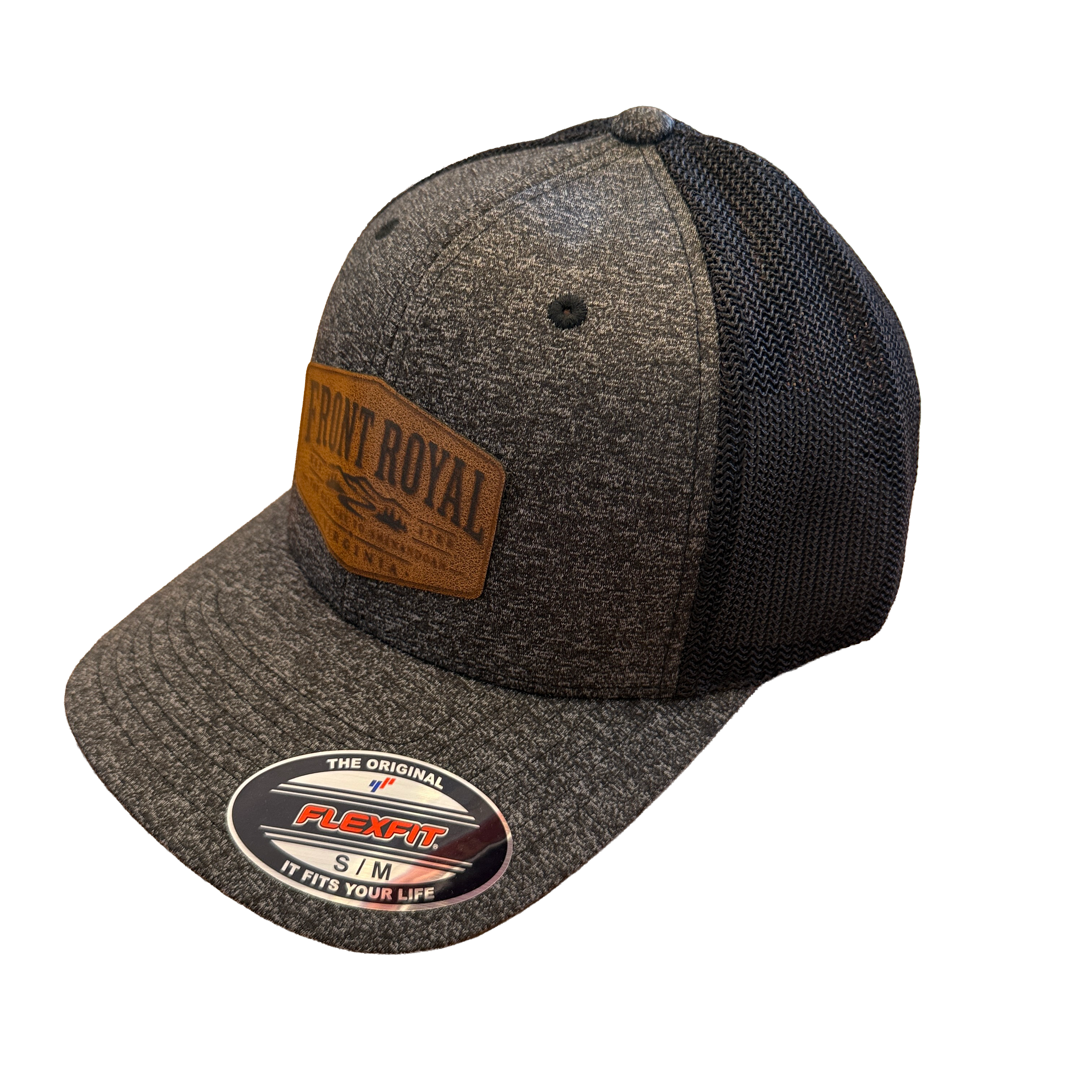 Front Royal Virginia leather patch Flexfit trucker hat with heather charcoal front panels, black mesh back, and engraved leather patch on a transparent background.