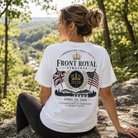 Woman wearing a Royal Visit Back Porch Apparel Shirt