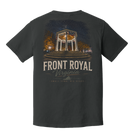 A dark charcoal gray t-shirt shown from the back, featuring a graphic print of the Front Royal Virginia monument at night with the text 'FRONT ROYAL Virginia' and 'SMALL TOWN BIG HEART'.