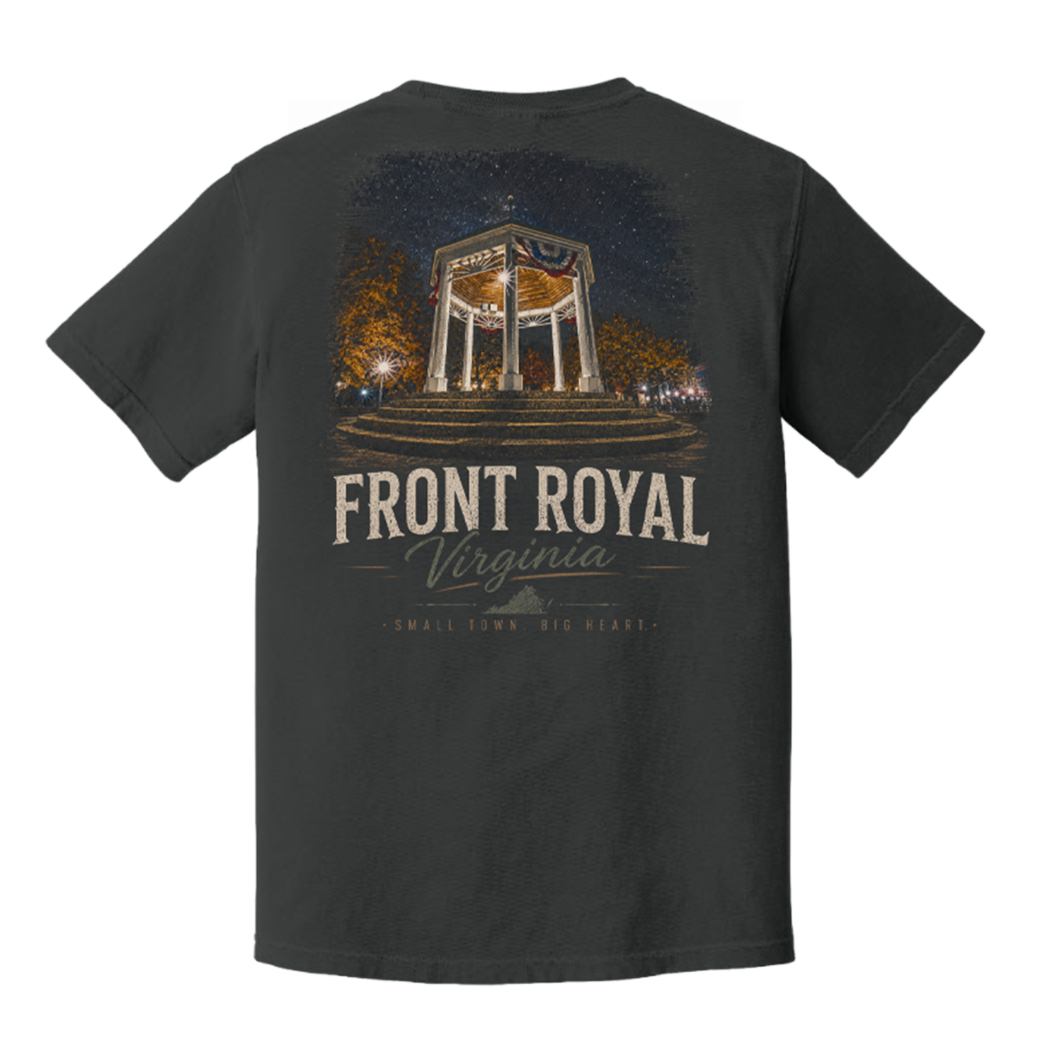 A dark charcoal gray t-shirt shown from the back, featuring a graphic print of the Front Royal Virginia monument at night with the text 'FRONT ROYAL Virginia' and 'SMALL TOWN BIG HEART'.