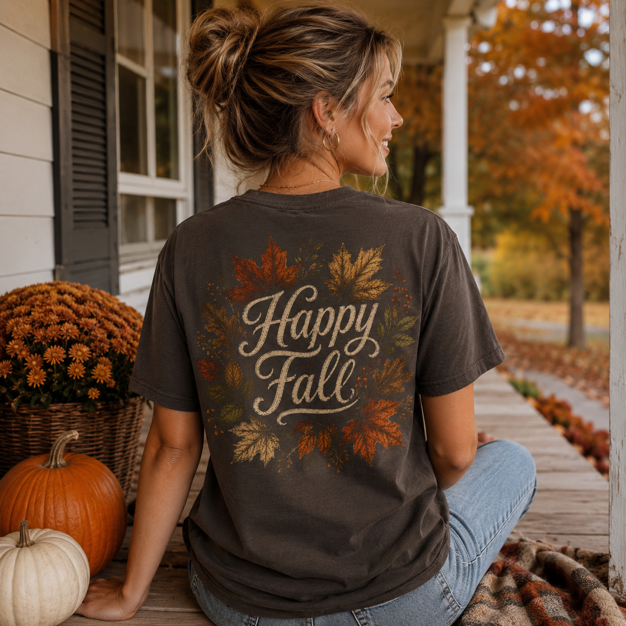 Woman wearing a Happy Fall Back Porch Apparel Shirt