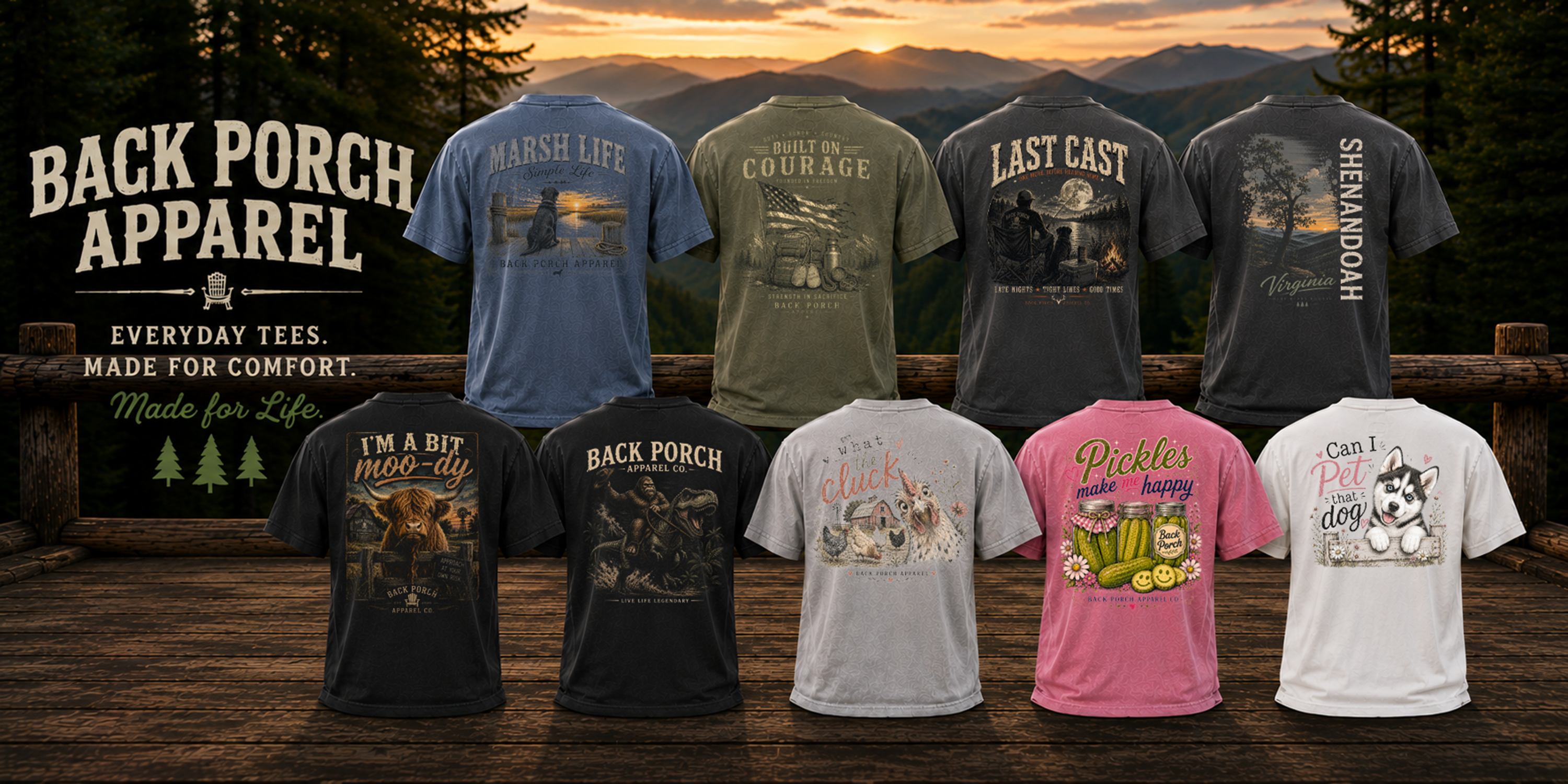 Back Porch Apparel Comfort Colors graphic tees featuring Virginia, Shenandoah, outdoor, country, Bigfoot and everyday lifestyle designs.