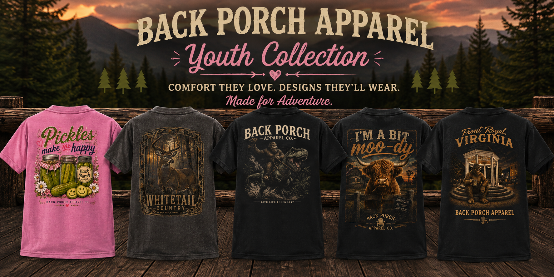 Back Porch Apparel Youth Collection featuring kids’ graphic T-shirts with Bigfoot, dinosaurs, whitetail deer, Highland cow and pickle designs.