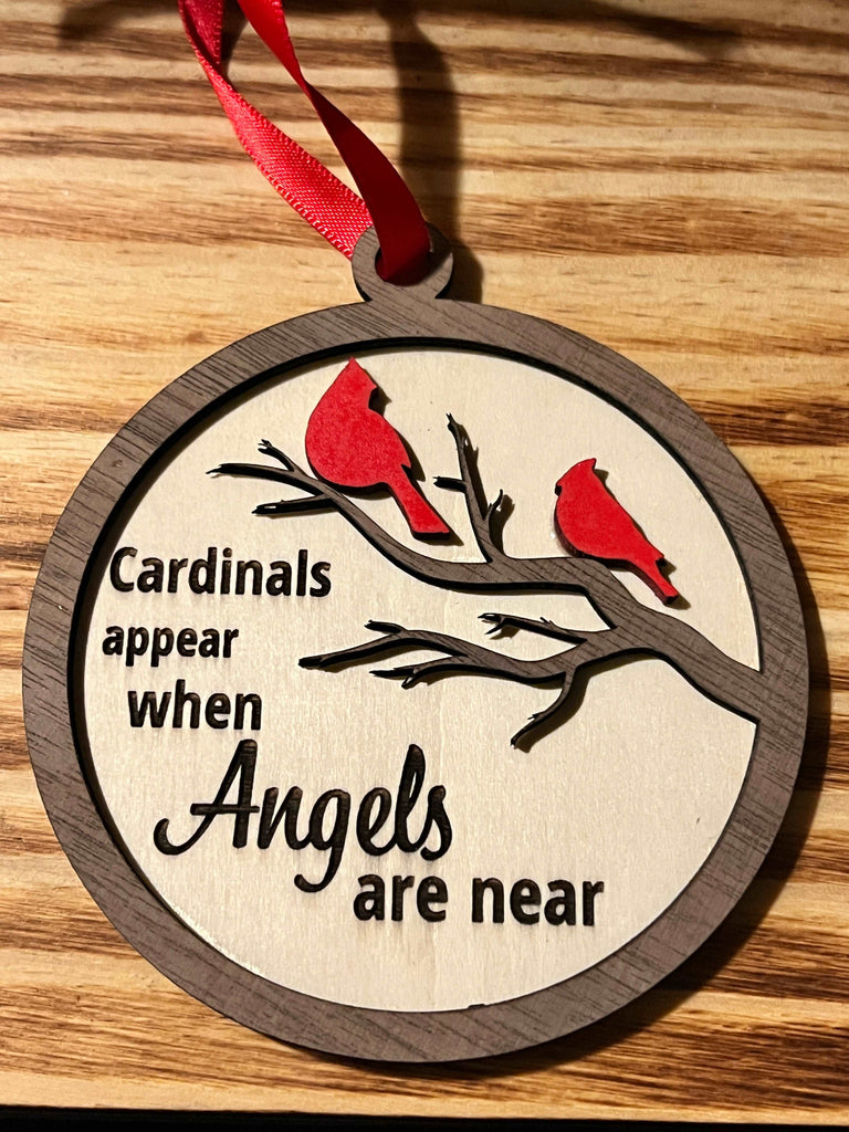 Cardinals Appear when Angels are Near - Multi-Layered Wooden Ornament with Two Red Cardinals and Hanging Ribbon