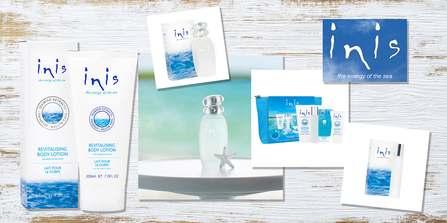 INIS Energy of the Sea hero banner featuring ocean-fresh fragrance, body care, and skincare products.