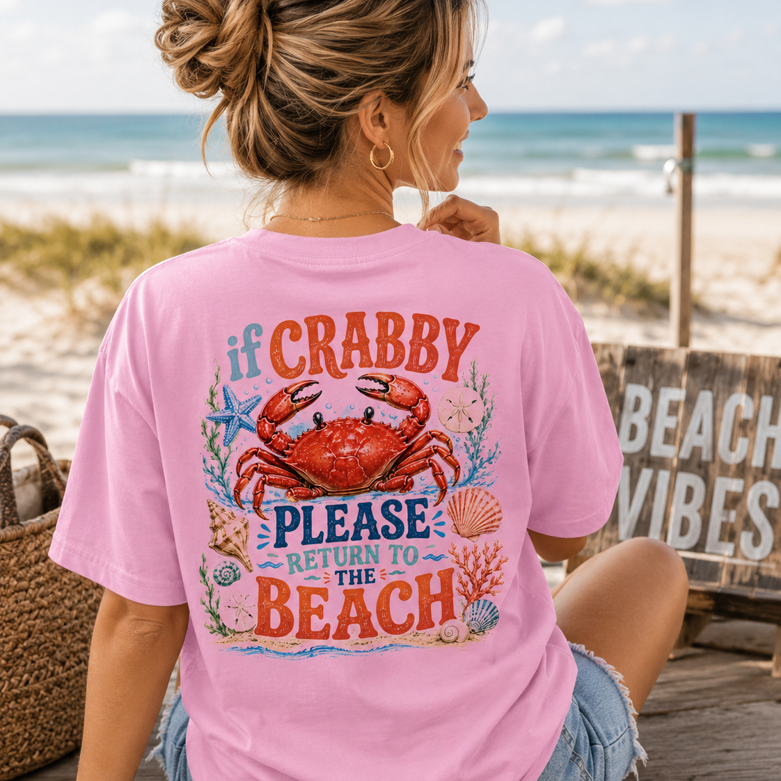 Woman wearing a If Crabby Please Return To The Beach Back Porch Apparel Shirt