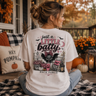 Woman wearing a Just A Little Batty Back Porch Apparel Shirt