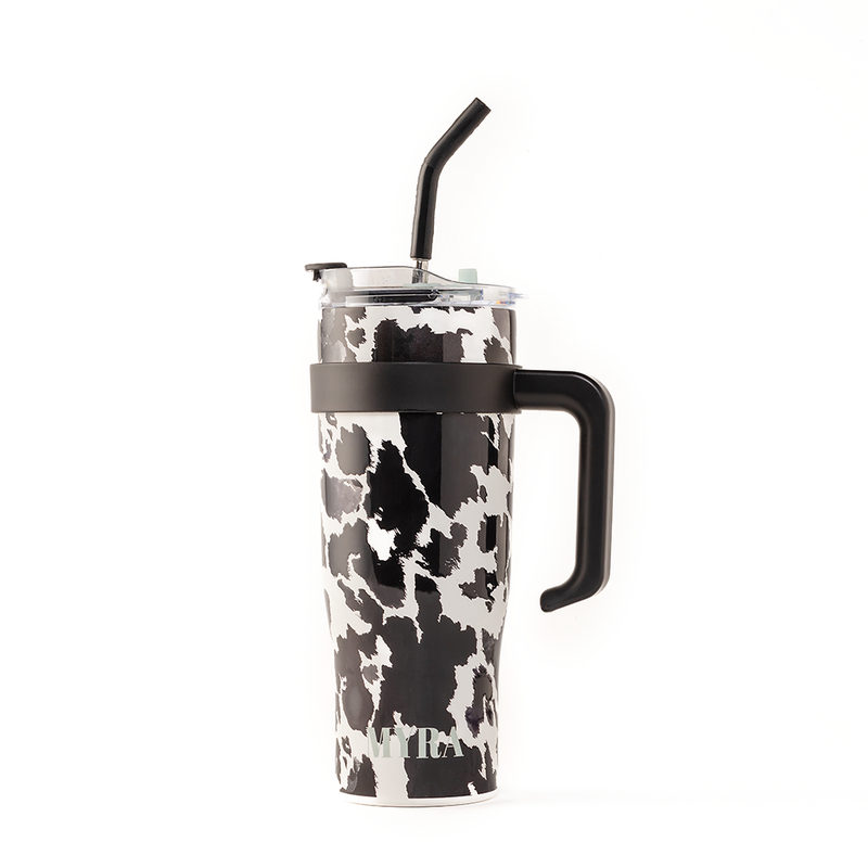 Myra Wide Wyoming 40oz Stainless Steel Tumbler in Black and White Cow