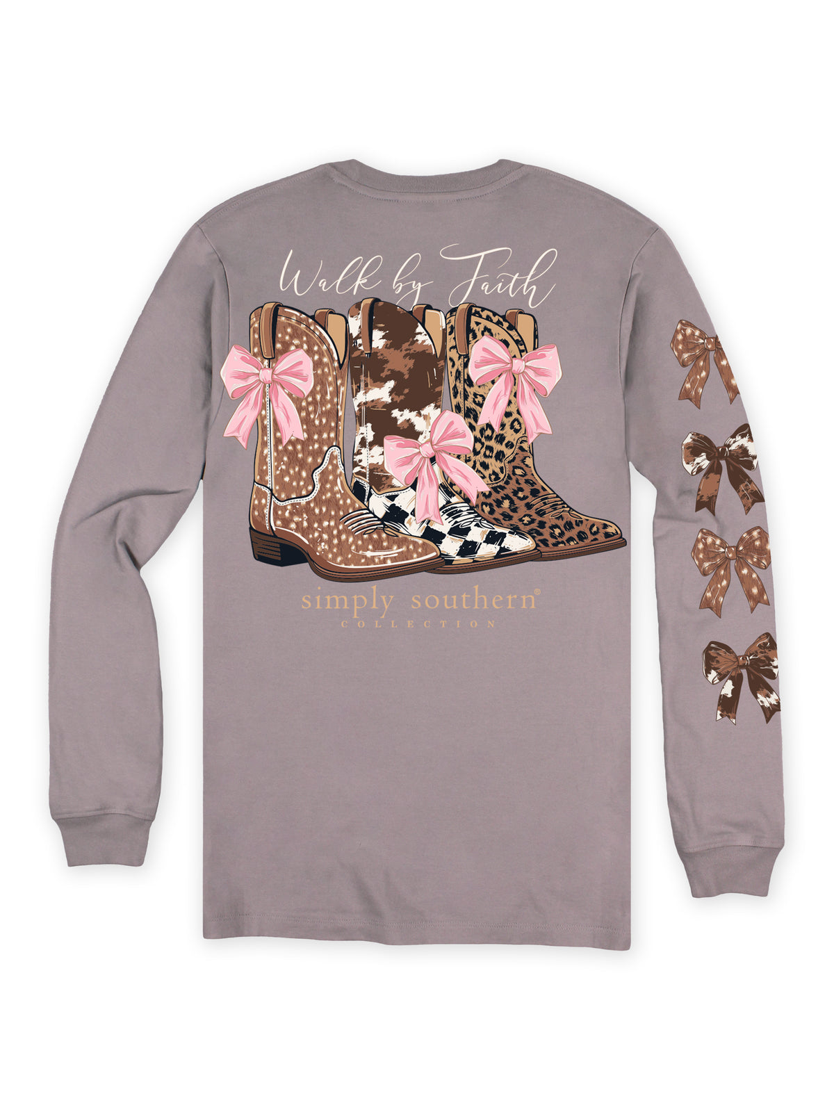 Back view of Simply Southern Driftwood long sleeve shirt with Walk by Faith lettering above three patterned western boots decorated with pink bows.