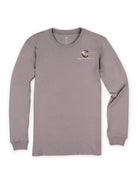 Front view of Simply Southern Walk by Faith long sleeve T-shirt in Driftwood gray taupe with cowhide-inspired Simply Southern chest logo.
