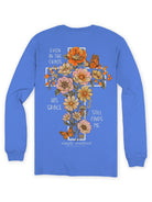 Back view of Simply Southern His Grace blue long sleeve T-shirt featuring a floral cross, butterflies and Even in the Chaos His Grace Still Finds Me text.