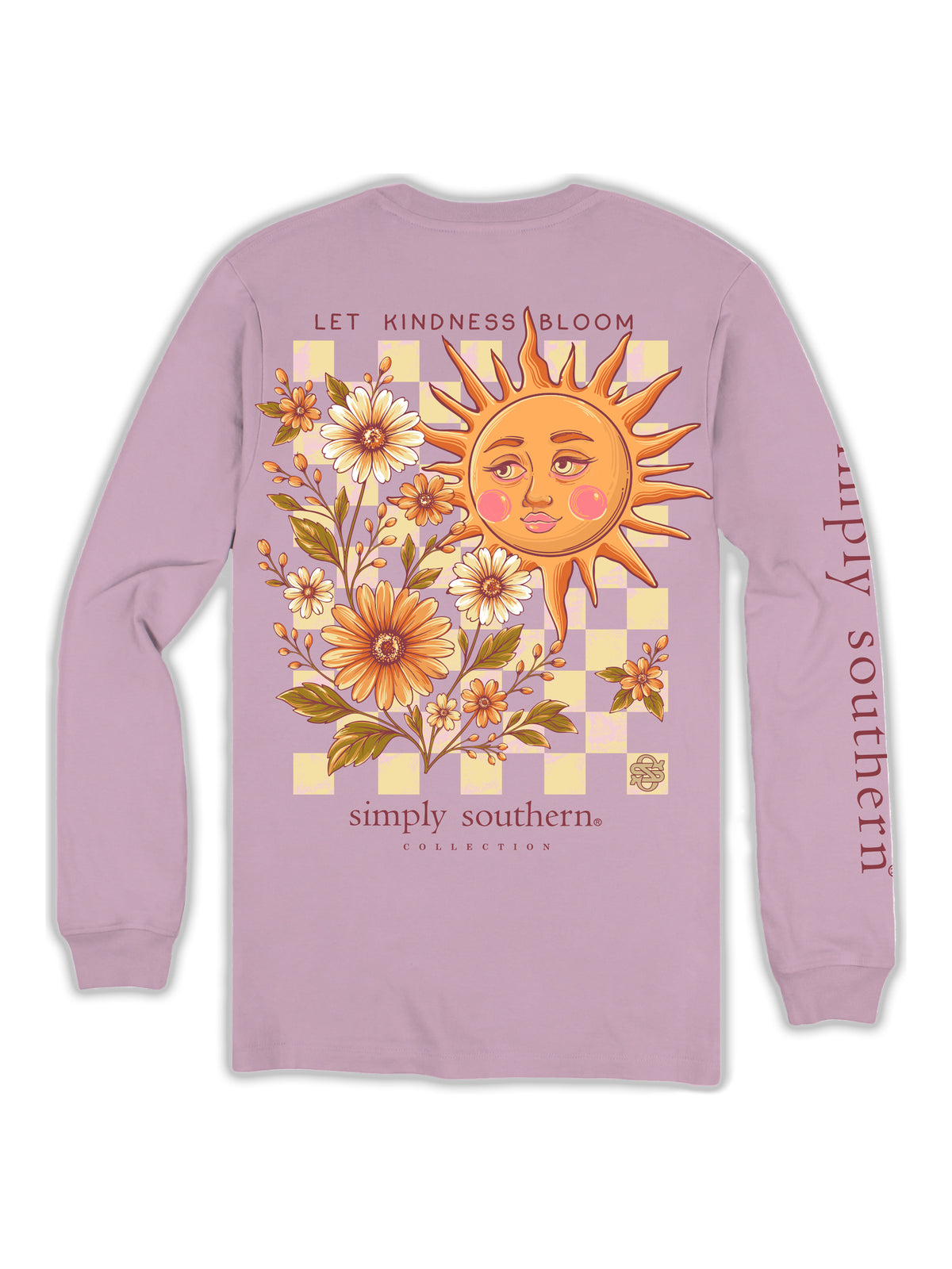 Back of Wisteria Simply Southern long sleeve shirt with Let Kindness Bloom lettering, smiling sun, daisies, and checkerboard design.