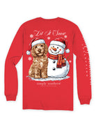 Back view of Simply Southern red 100% cotton long sleeve Christmas shirt with Let It Snow dog and snowman design.