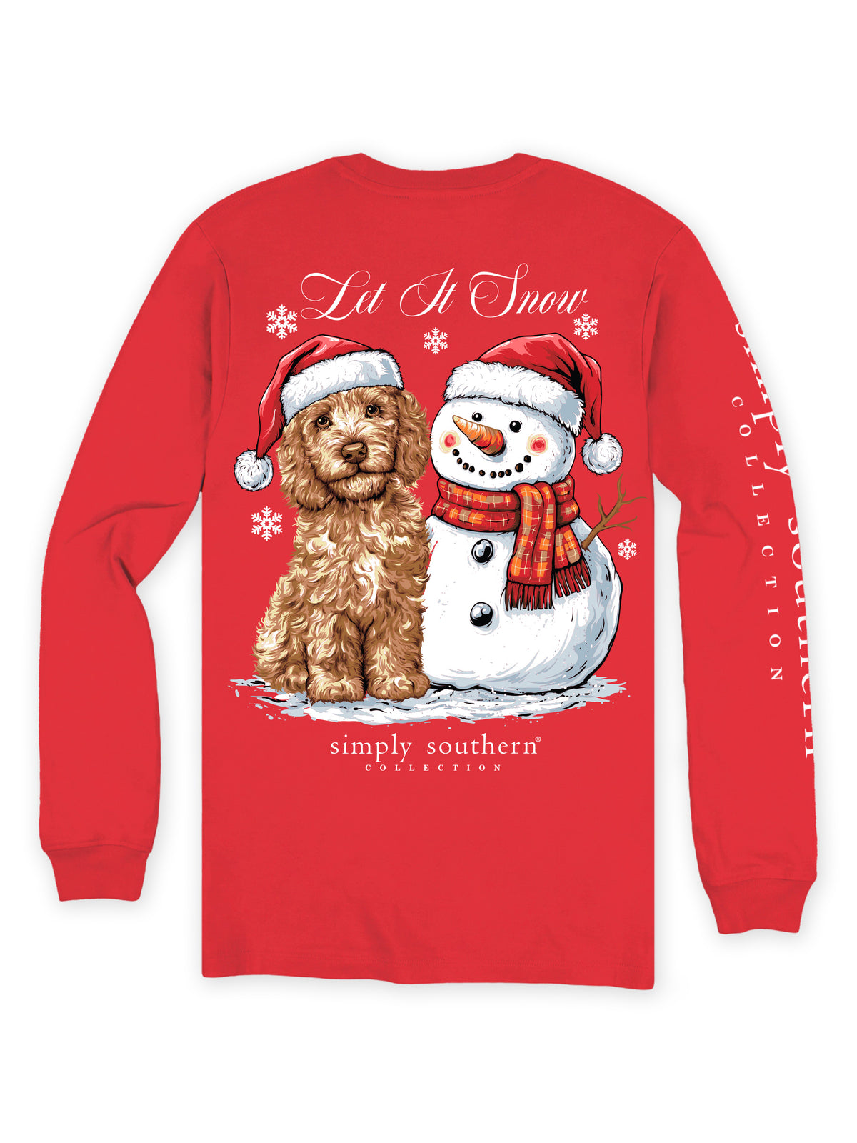Back view of Simply Southern red 100% cotton long sleeve Christmas shirt with Let It Snow dog and snowman design.