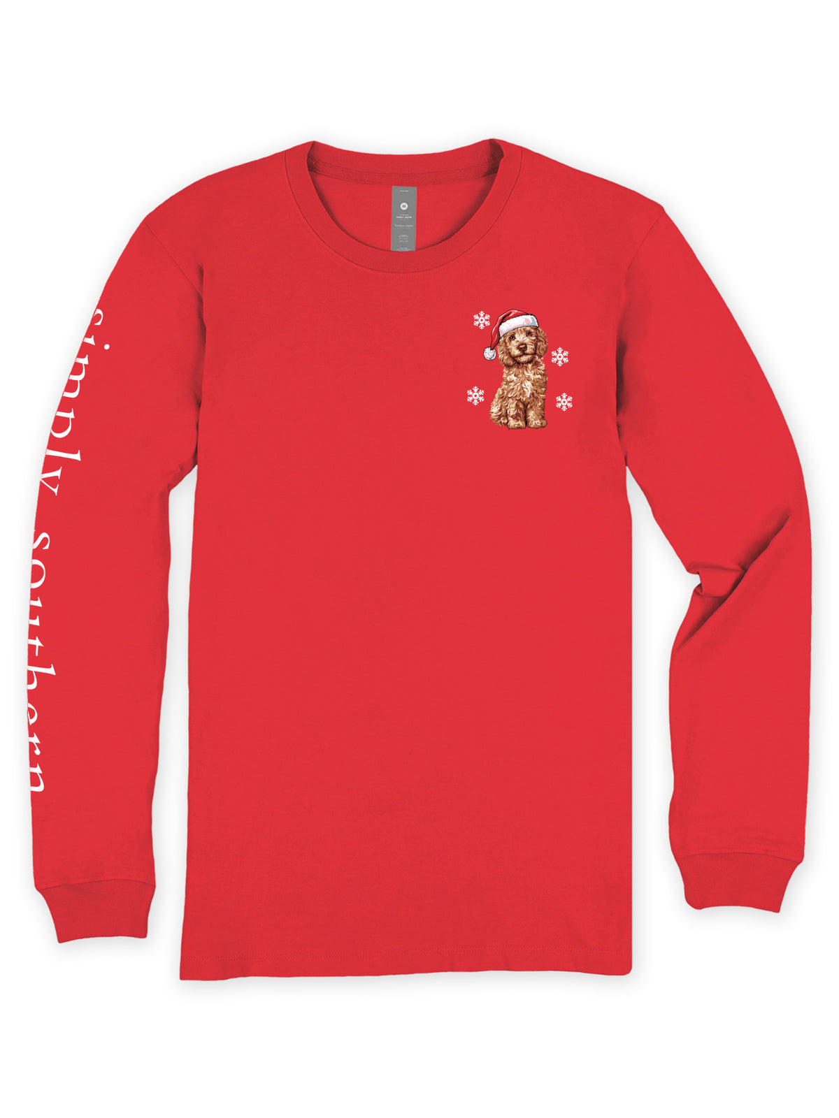 Front view of red Simply Southern long sleeve T-shirt with small Santa hat dog chest graphic and branded sleeve.