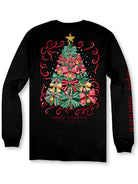 Back view of Simply Southern black Christmas long sleeve shirt with colorful bow-decorated Christmas tree, gold star, holiday ornaments and red ribbons.