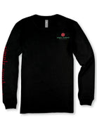 Front view of Simply Southern Christmas Tree Bows long sleeve T-shirt in black with red and green chest logo and red sleeve lettering.