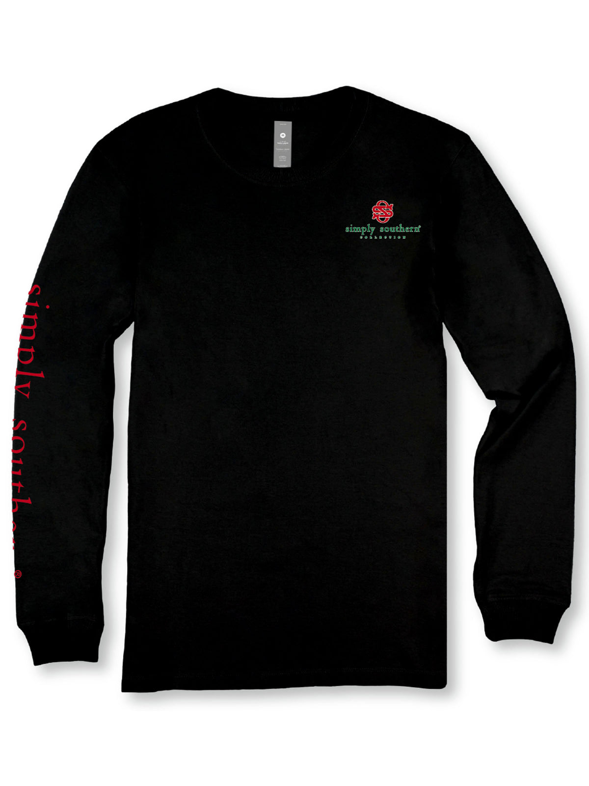 Front view of Simply Southern Christmas Tree Bows long sleeve T-shirt in black with red and green chest logo and red sleeve lettering.