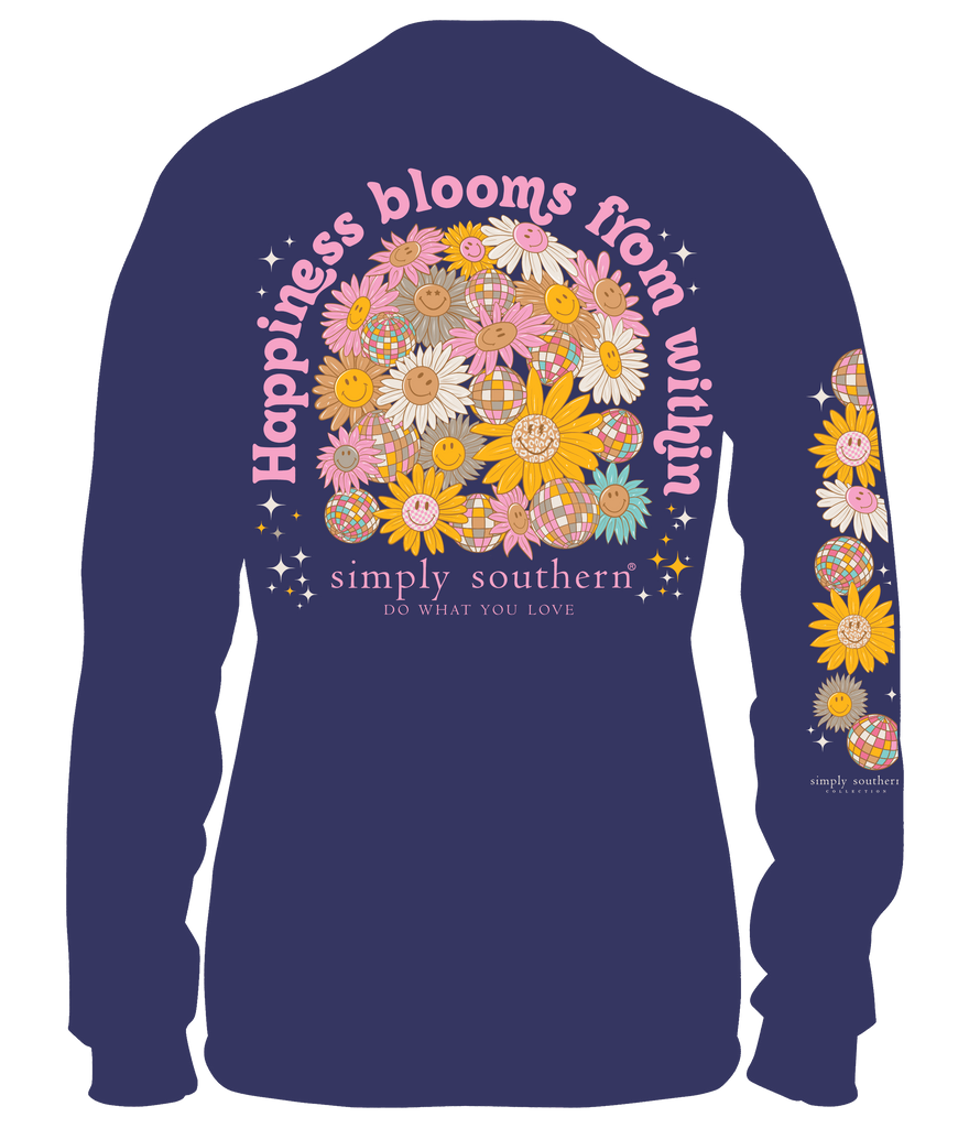 "Simply Southern 100% Cotton Long Sleeve T-Shirt - 'Happiness Blooms from Within' with Floral Design