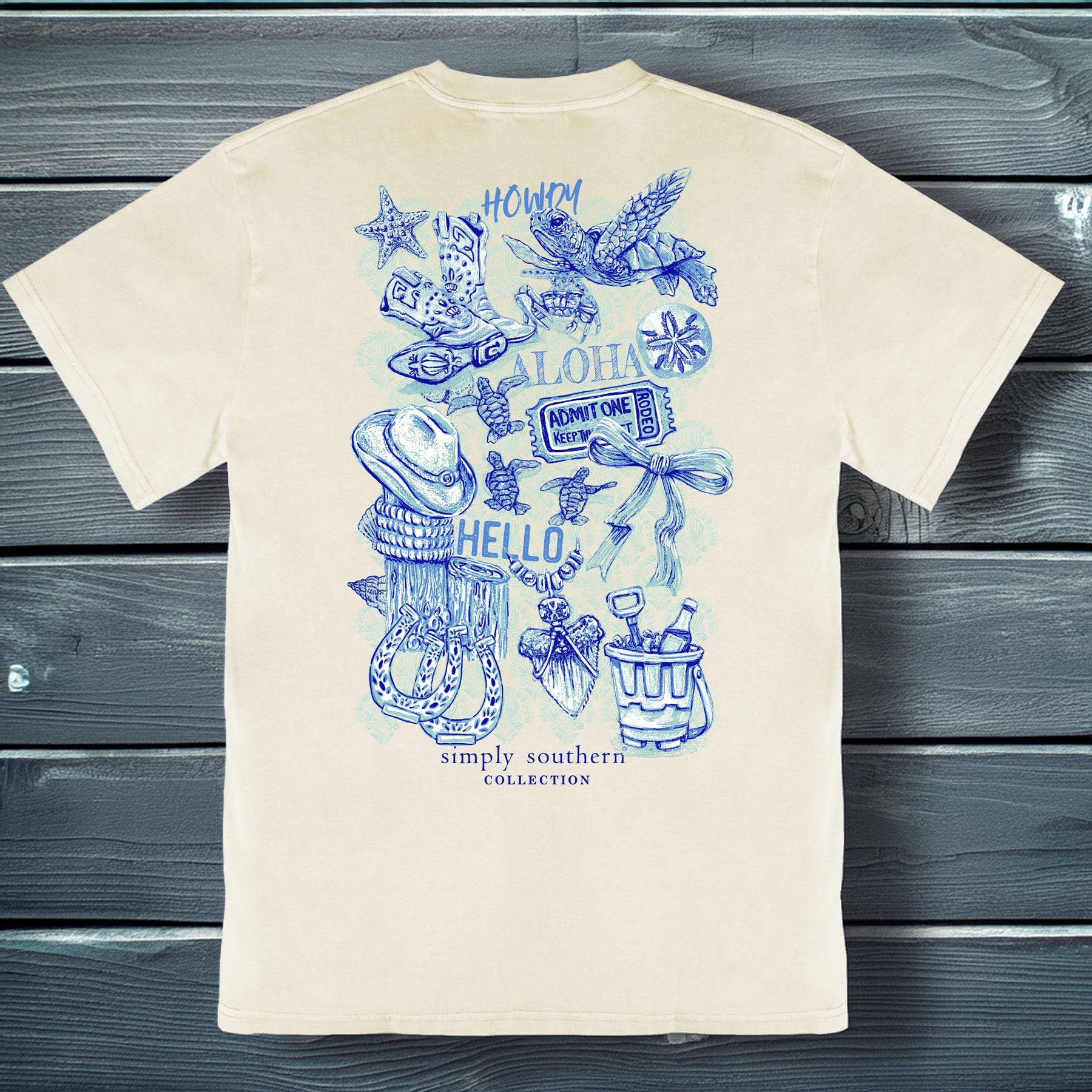 Simply Southern mineral wash bone t-shirt with blue coastal icons graphic on back and small sea turtle graphic on front