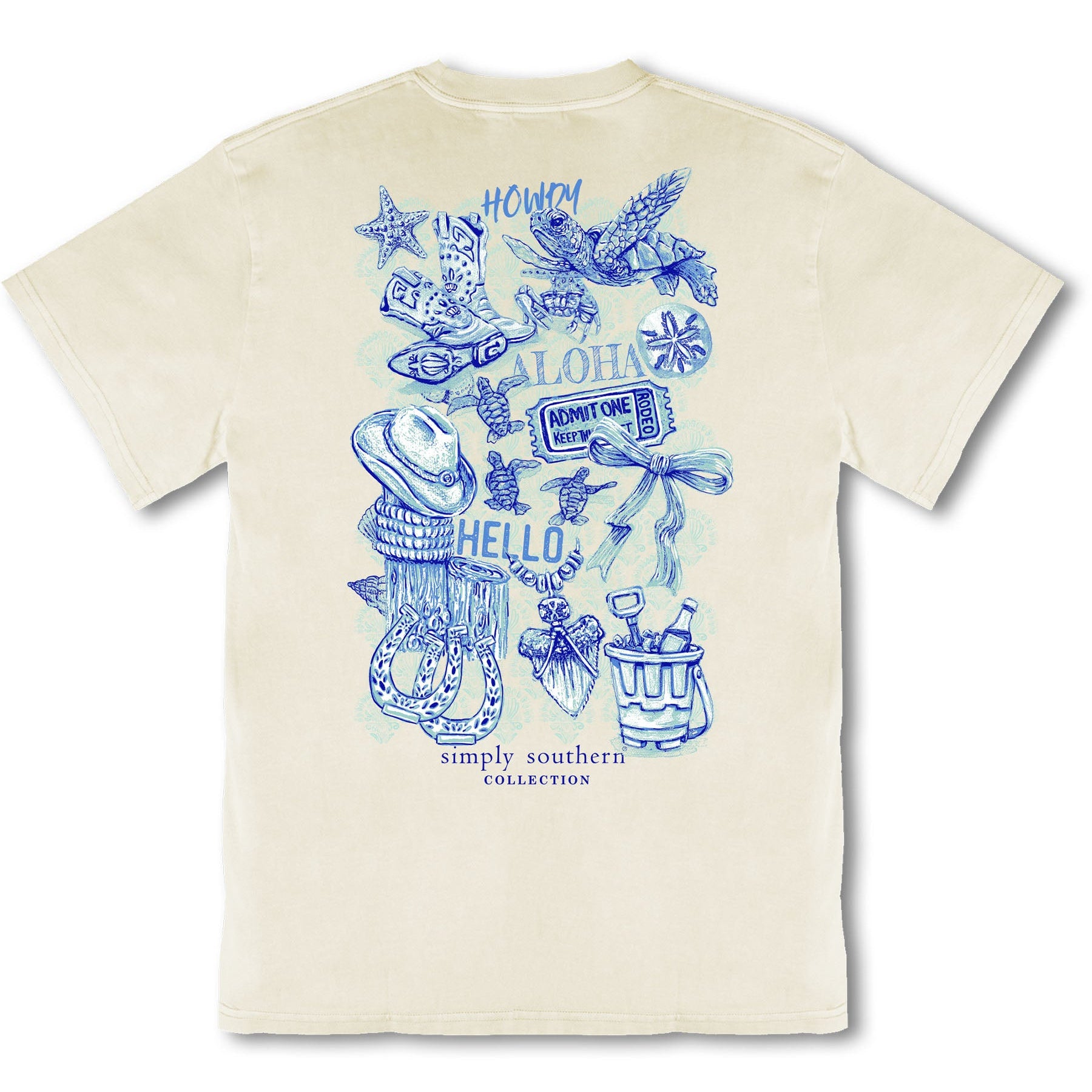 Simply Southern mineral wash bone t-shirt with blue coastal icons graphic on back and small sea turtle graphic on front