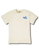 Simply Southern mineral wash bone t-shirt with blue coastal icons graphic on back and small sea turtle graphic on front