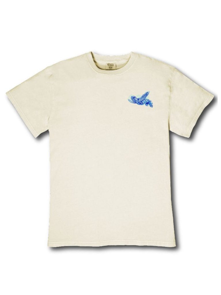 Simply Southern mineral wash bone t-shirt with blue coastal icons graphic on back and small sea turtle graphic on front
